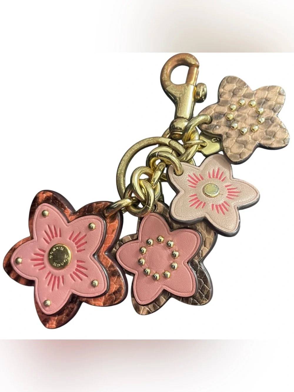 Coach Pink & Metallic Floral Leather Keychain Charm